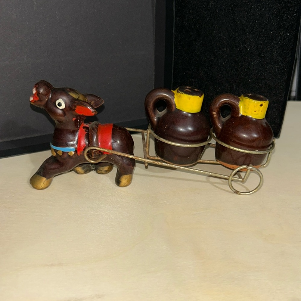 Vintage Donkey Cart “Little Brown Jugs” Cruet Set Folk Art Decor
